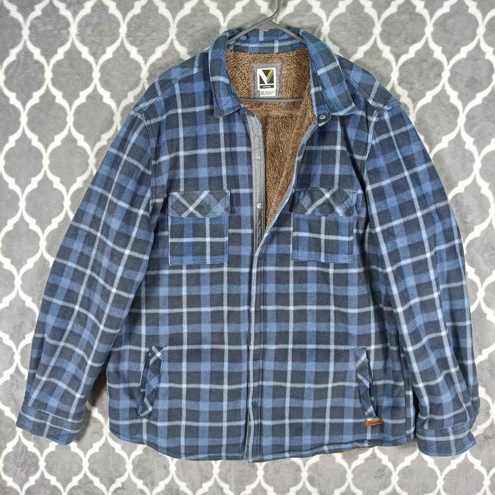 Voyager Fleece Jacket Men 2XL Blue Gray Plaid Sherpa Lined Snap Front Shacket
